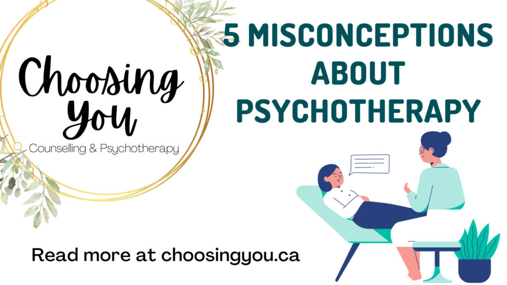 Blog banner with a white background that reads: 5 misconceptions about psychotherapy. The choosing You logo is on the left hand side. Theres an animated image on the bottom right corner of a patient and a clinician smiling at each other.