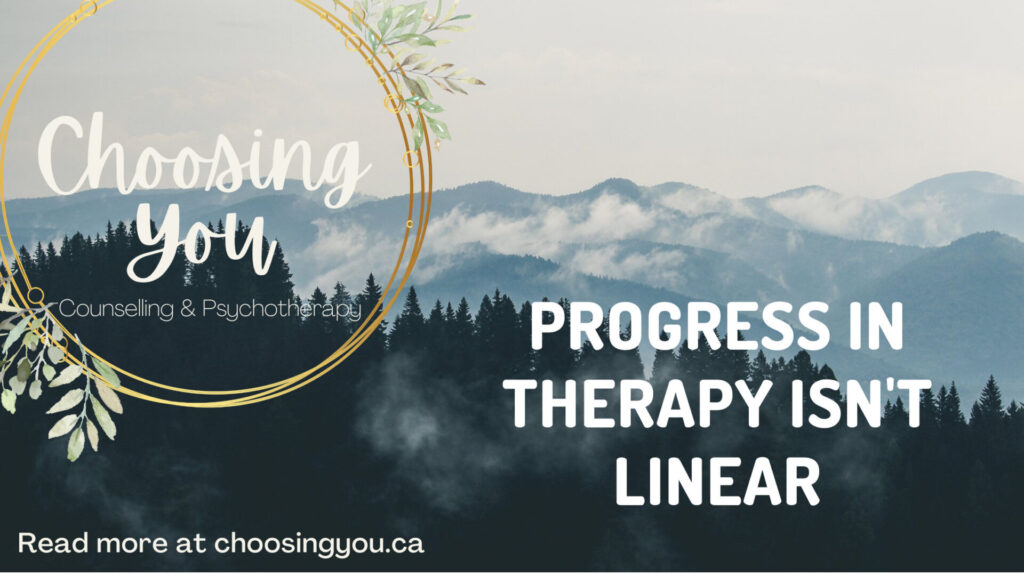 Blog banner titled: Progress in therapy isn't linear. The background image is of a foggy mountain and forest landscape. The Choosing You counselling and Psychotherapy logo is on the left side. Virtual services available for Individual psychotherapy. Book now!