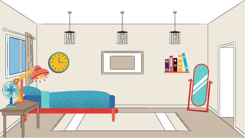 Animated image of an individuals bedroom. Theres a window overtop of a bed and bedside table on the left. Decorative art work and a clock are on the back wall, and there's a small book shelf, standing mirror, and closet on the right side.