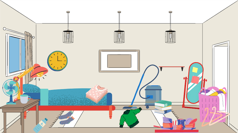 Animated image of a bedroom. There's clutter on the floor and a pair of socks hidden under the bed on the left side. There's a vacuum in the middle of the room.