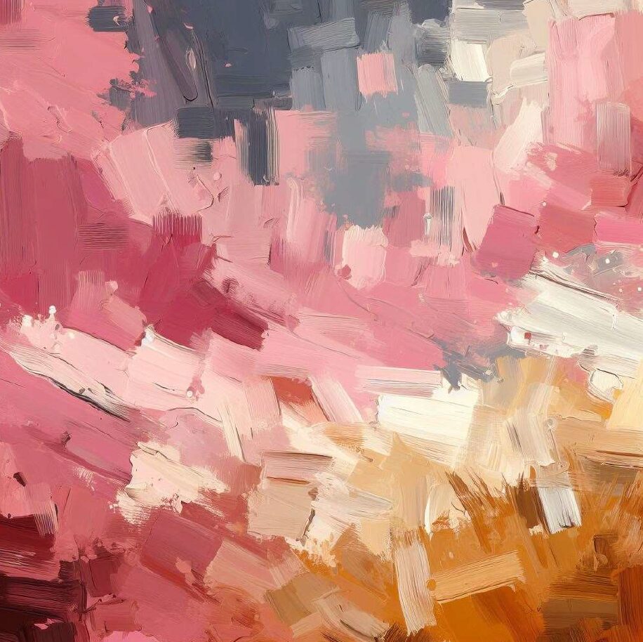 Abstract painting of pinks, beige colours, and grey. Contact trauma informed, EMDR and Somatic Experiencing trained therapists today. Mental health support available online across Ontario.