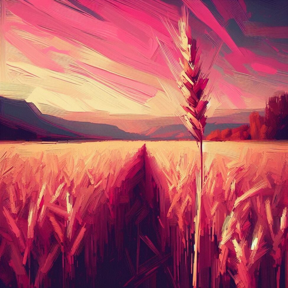 Abstract painting of pink skies and a wheat field. Contact trauma informed, EMDR and Somatic Experiencing trained therapists today. Mental health support available online across Ontario.