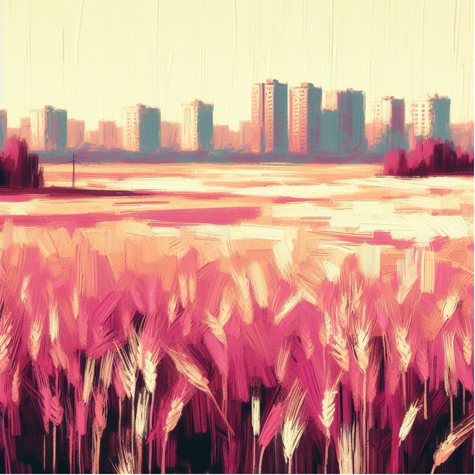 Abstract painting of a wheat field and a city skyline in the distance. Pinks, beige, and black are the primary colours. Contact trauma informed, EMDR and Somatic Experiencing trained therapists today. Mental health support available online across Ontario.