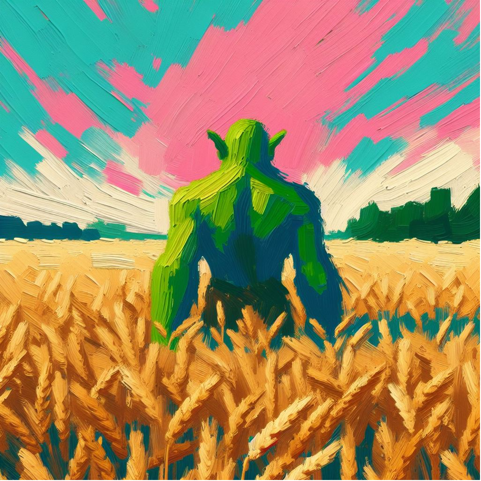 Abstract painting of the ogre Shrek walking in a wheat field. Contact trauma informed, EMDR and Somatic Experiencing trained therapists today. Mental health support available online across Ontario.