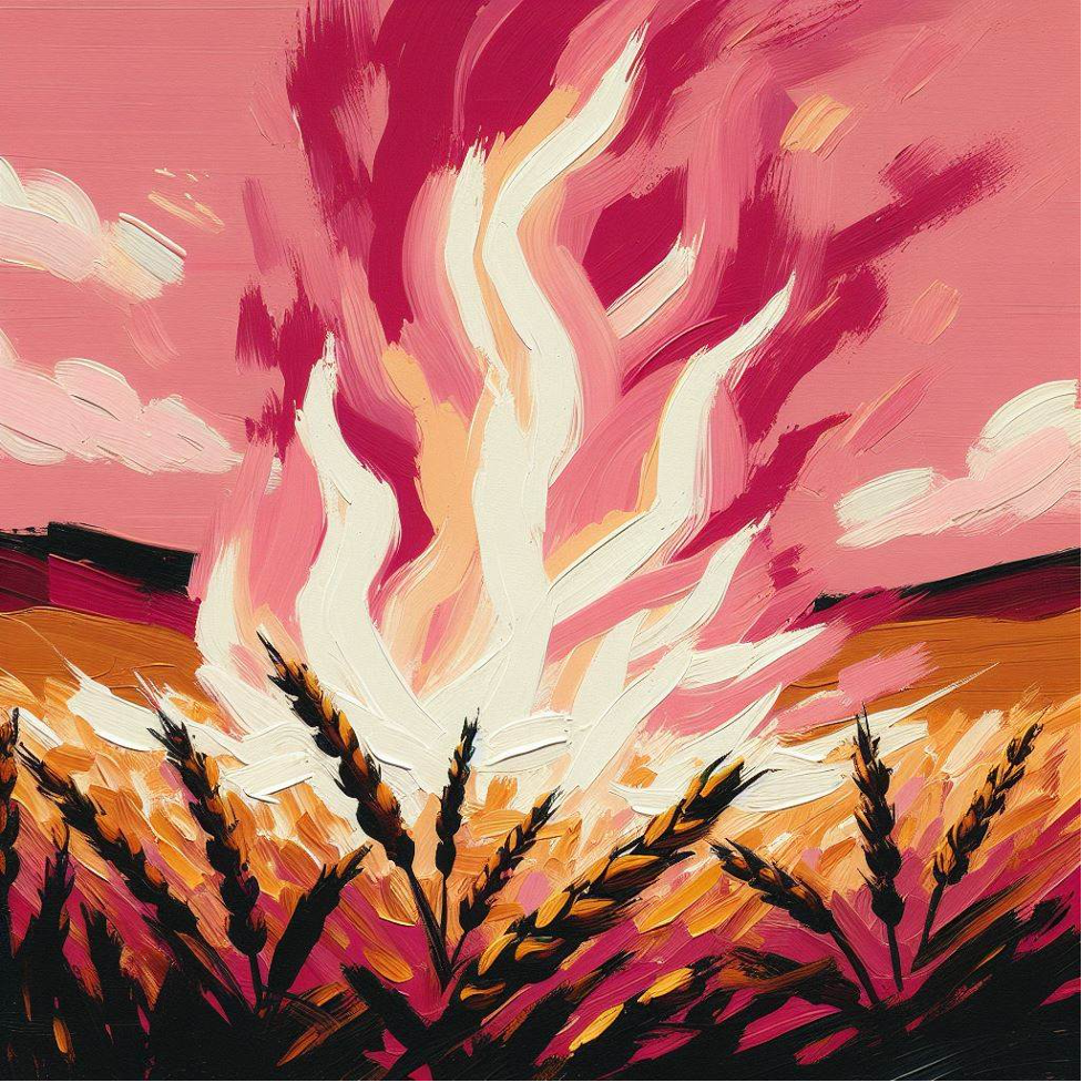 Abstract painting of a pink and white fire in a wheat field. Contact trauma informed, EMDR and Somatic Experiencing trained therapists today. Mental health support available online across Ontario.