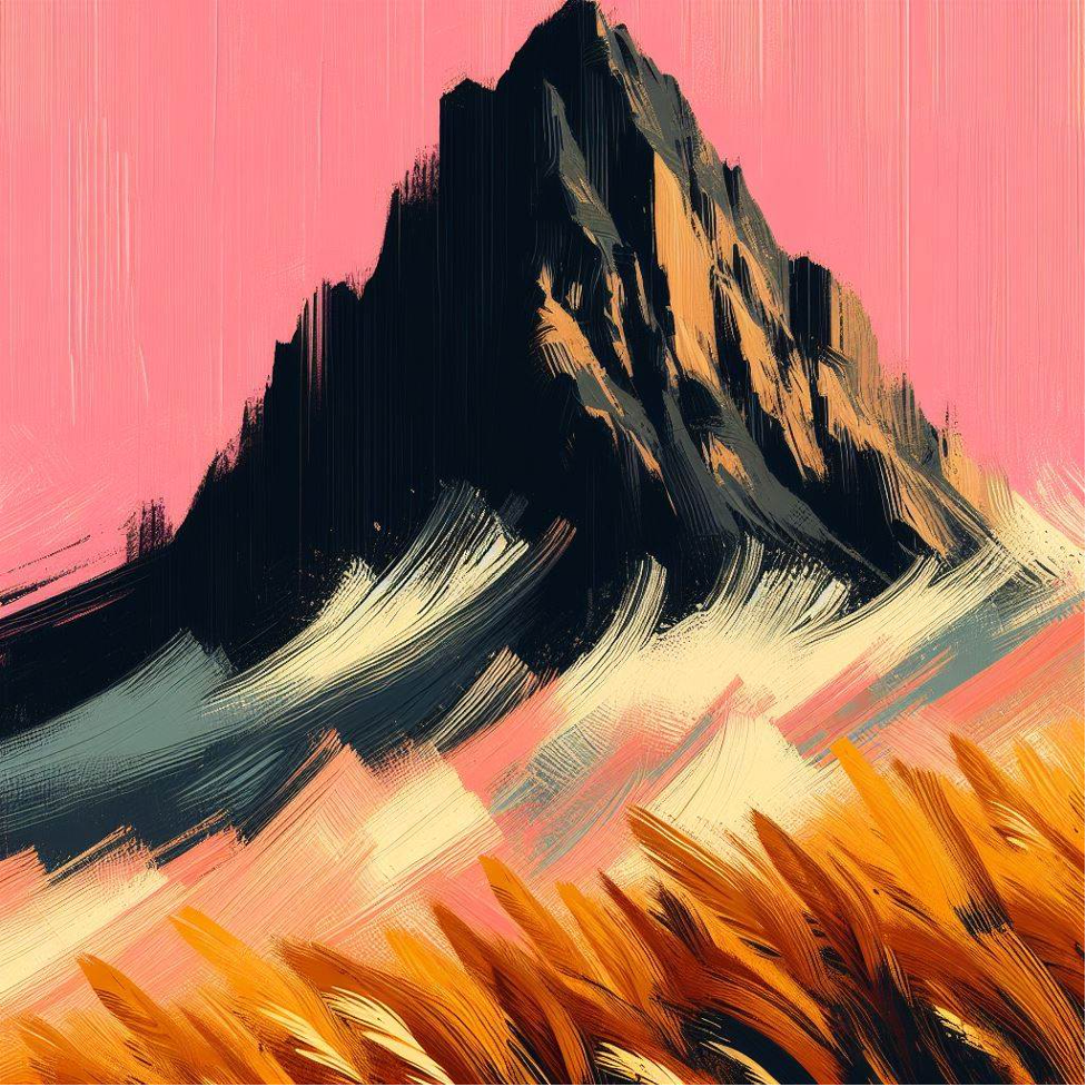 Abstract painting of a dark mountain and a wheat field; the sky is light pink. Contact trauma informed, EMDR and Somatic Experiencing trained therapists today. Mental health support available online across Ontario.