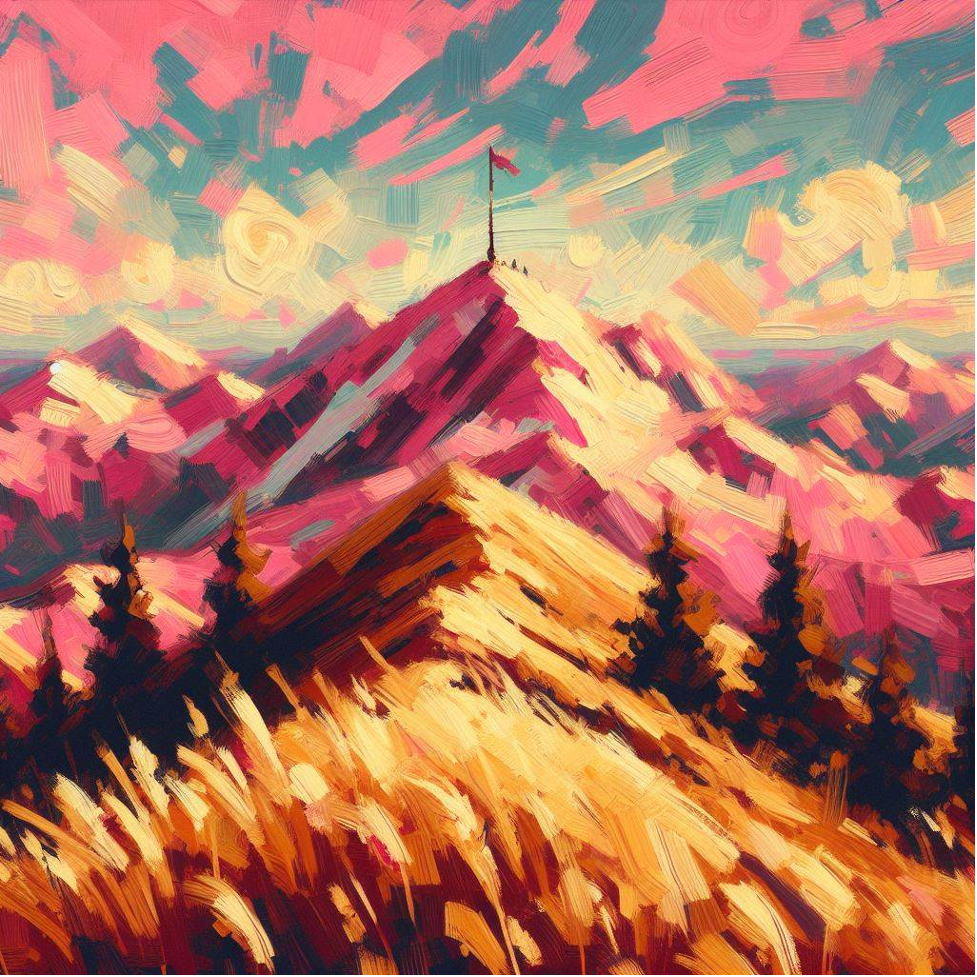 Abstract painting of a pink mountain and a wheat field; the sky is blue and pink. Contact trauma informed, EMDR and Somatic Experiencing trained therapists today. Mental health support available online across Ontario.