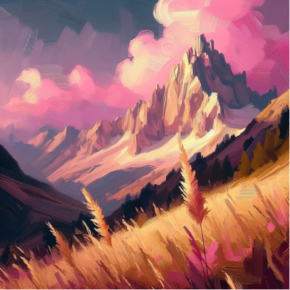 Abstract painting of a wheat field with a pink clouded sky and mountains in the background. Contact trauma informed, EMDR and Somatic Experiencing trained therapists today. Mental health support available online across Ontario.