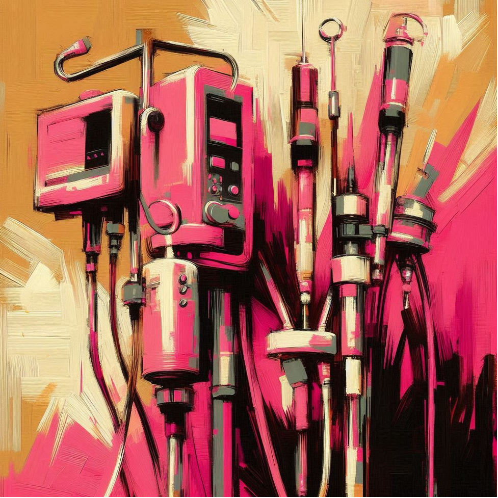 Painting of medical equipment with the colours pink, beige, and black. Contact trauma informed, EMDR and Somatic Experiencing trained therapists today. Mental health support available online across Ontario.