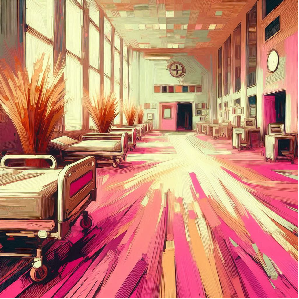Abstract image of a hospital hallway with hospital beds along one window covered wall. Contact trauma informed, EMDR and Somatic Experiencing trained therapists today. Mental health support available online across Ontario.