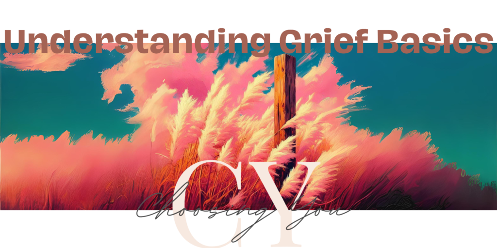 Blog Banner titled "Understanding Grief Basics". There's a decorative image of a wheat field with the colours pink, orange, blue and beige. The Choosing You logo is on the bottom of this image. Book your first session Online today with a trauma trained therapist! We offer virtual services across Ontario. We provide EMDR and Somatic Experiencing.