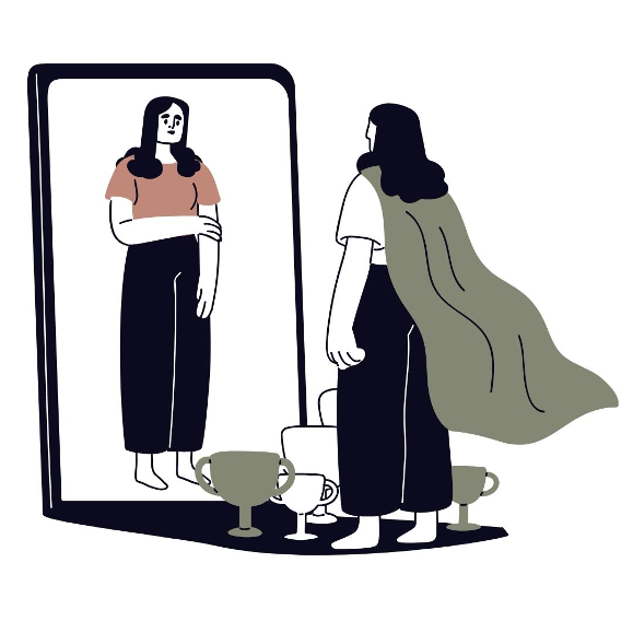 Animated image of a woman wearing a superhero cape looks on to a reflection of herself in a mirror where she looks shy and isn't wearing a cape. Contact trauma informed, EMDR and Somatic Experiencing trained therapists today. Mental health support available online across Ontario.