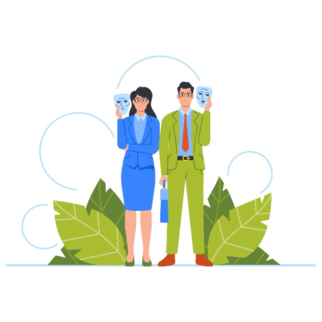 Animated image of a woman and man in work clothes holding a mask. Contact trauma informed, EMDR and Somatic Experiencing trained therapists today. Mental health support available online across Ontario.